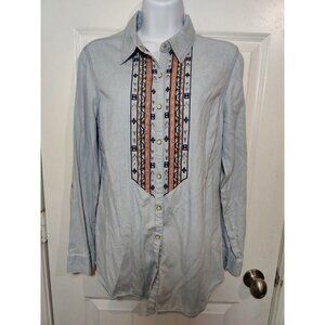 Krazy Kat Chambray Western Pearl-Snap Button-Up Embroidered Roll-Tab Top‎ S
